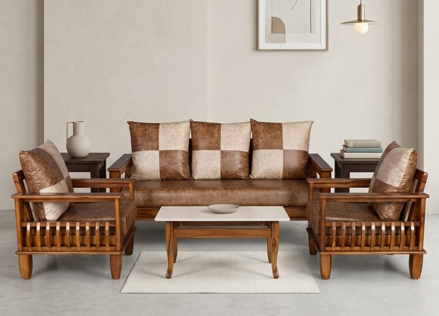 Classic Check Cushion Wooden Sofa Set