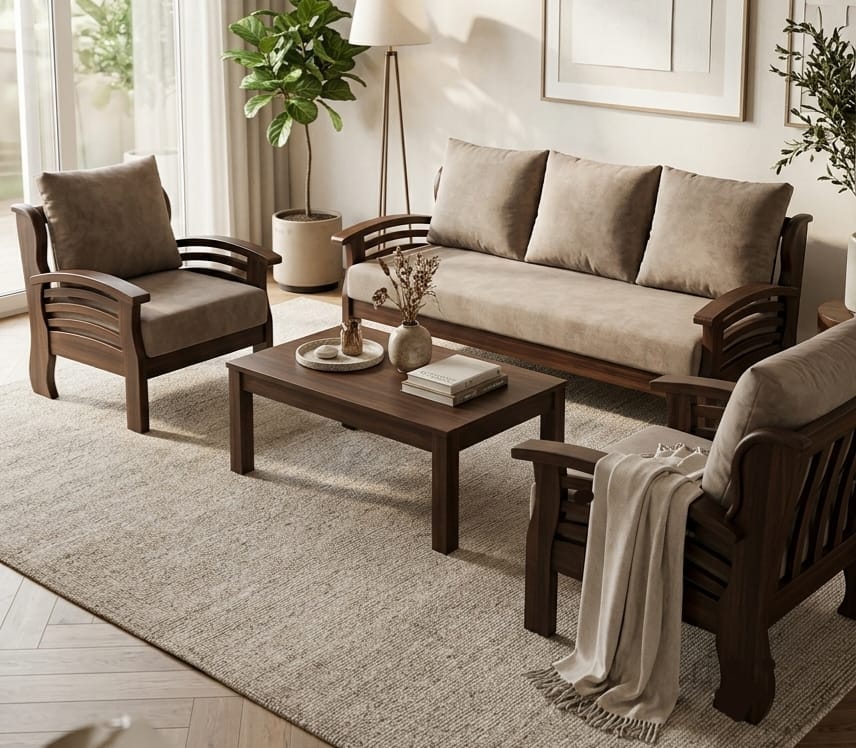 Beige Wooden Armchair Sofa Set
